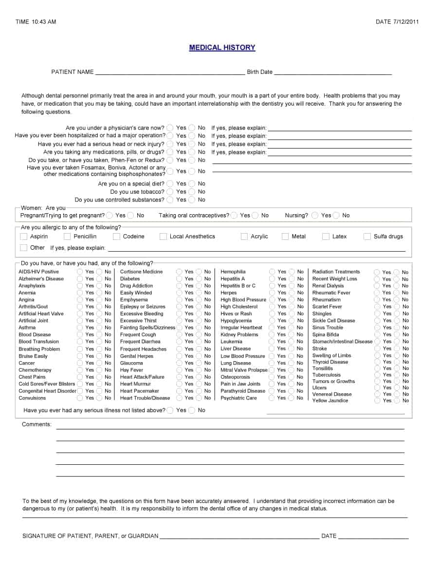 Patient Health History Questionnaire Form Templates Printable Medical